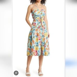 Vince Camuto Floral Stretch Cotton Poplin Halter Top Midi Dress